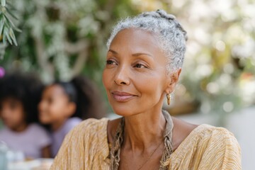 Elegant closeup portrait of older woman with grey hair and serene expression for juneteenth elder celebration and community profile background