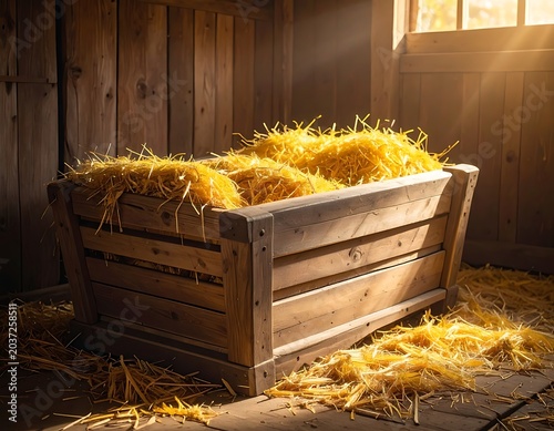 Wooden crate filled with hay.