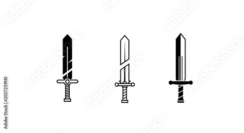 Three medieval sword icons in minimalist design style.