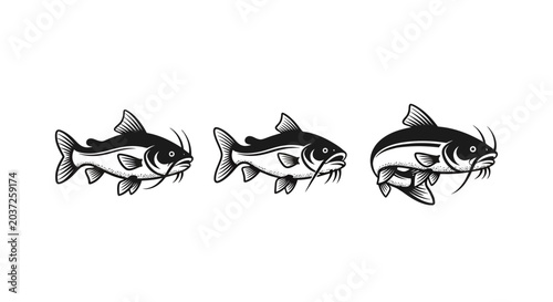 Three stylized black and white catfish illustrations side by side.