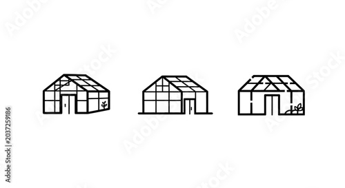 Three Different Greenhouse Structural Line Art Illustrations.