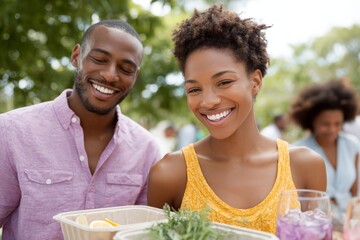 Smiling couple enjoying a juneteenth picnic with food and drinks for event background and community celebration design