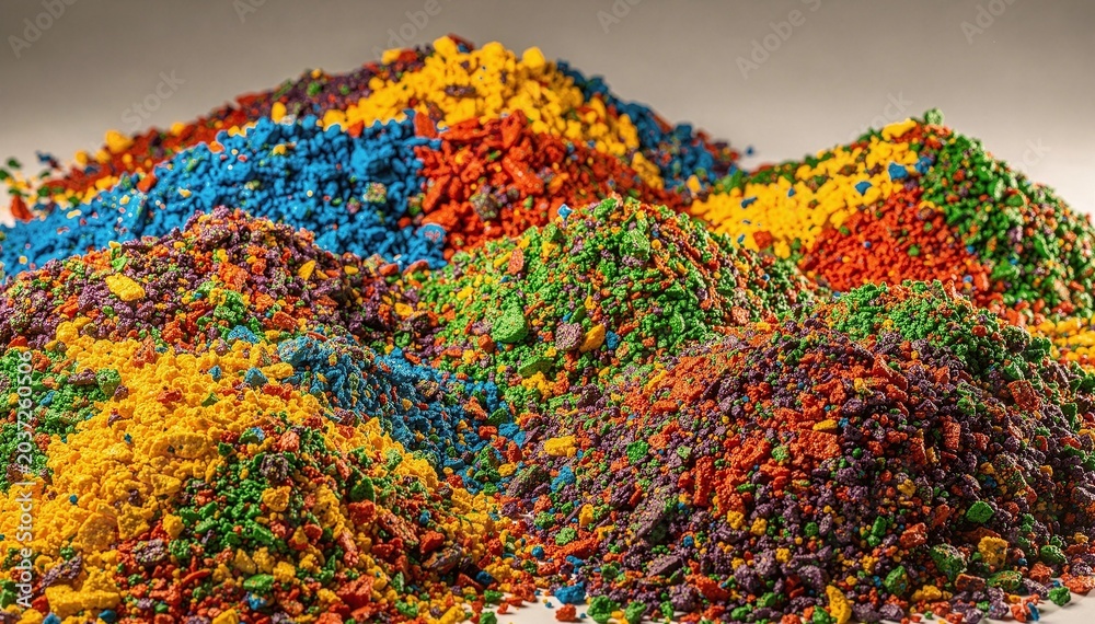 Fototapeta premium Vibrant abstract piles of multicolored pigment powder create a dynamic textural landscape, showcasing a rich spectrum of hues in a scattered, chaotic yet beautiful arrangement