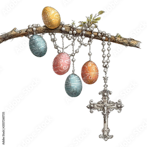 Easter Eggs Hanging On Branch With Cross Pendant Religious Symbol Spring Holiday Decoration Concept.