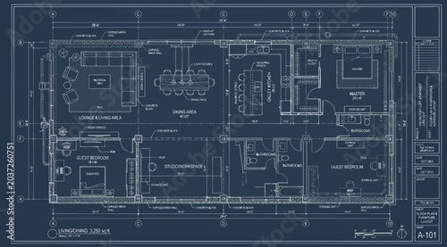 Tableau sur toile Detailed blueprint of a residential floor plan with technical annotations