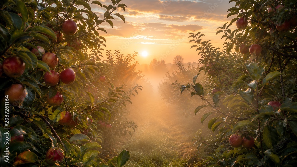 Obraz premium Sunrise light through apple orchard trees