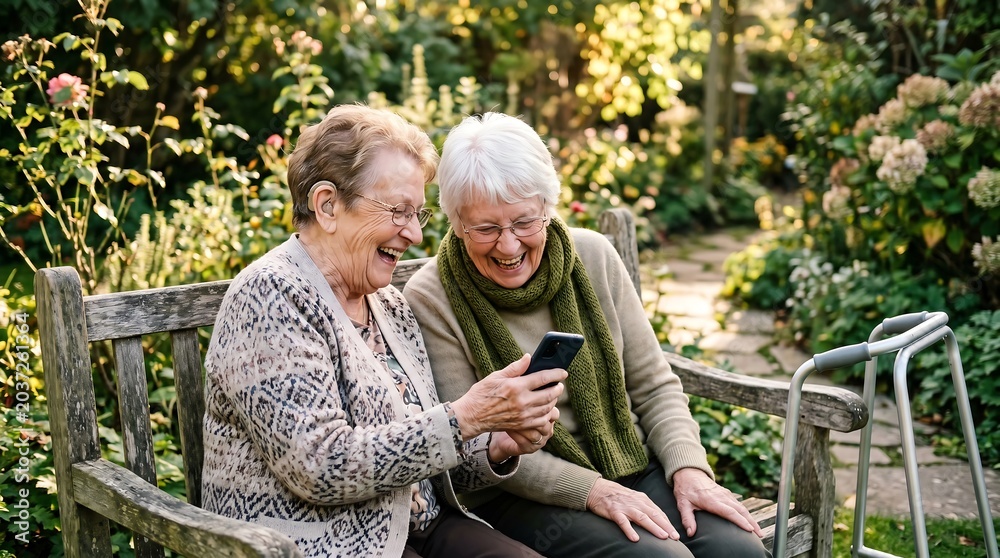 Fototapeta premium Two senior women laughing and using smartphone in garden,Generated Image