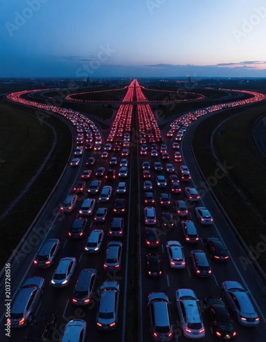 Vertical Social Media Ad of Massive Highway Traffic Jam at Night with Glowing Red Taillights and Urban Infrastructure Background