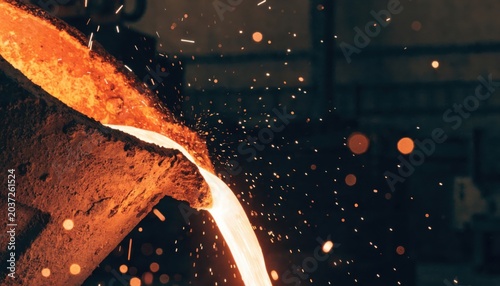 Molten Metal Pouring in Industrial Foundry with Sparks Website Banner Hero Header - High Temperature Manufacturing and Metallurgy Wide Background with Copy Space Design Space