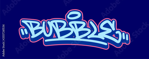 фотографія Bubble word graffiti tag graphic displaying fun creative custom wildstyle text lettering on blue background for alternative youth culture streetwear clothing brand apparel merchandise clip art