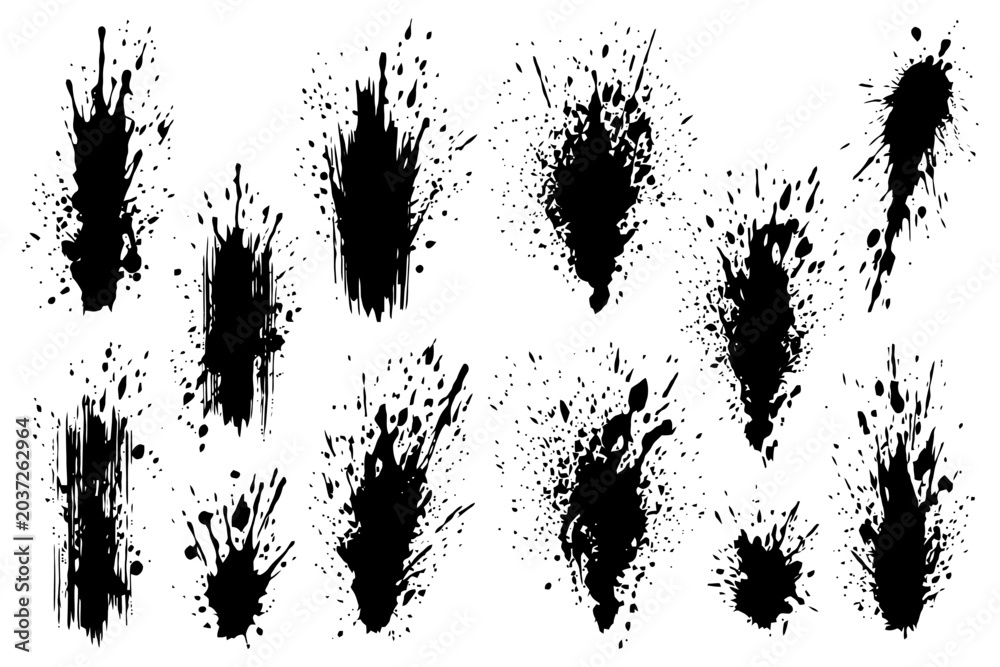 Fototapeta premium Abstract black ink splatter collection on white background.