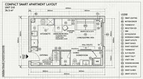 Fotografía Compact smart apartment floor plan layout with furniture and technology legend