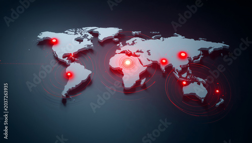 世界地図上で赤い地震波が広域に広がるリスク解析の3D素材
