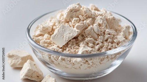 Glass bowl filled with crumbled yeast blocks on white background