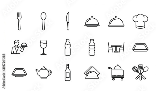 Restaurant catering outline icon collection with dining tableware food service and waiter vector symbols