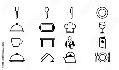 Catering thin line icon set with restaurant cutlery tableware waiter and dining vector collection
