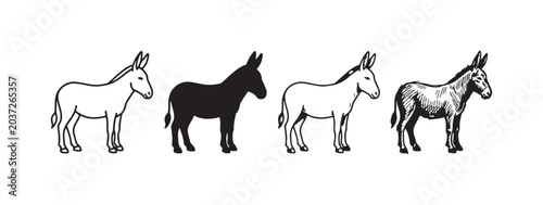 Schilderij op canvas Four black and white donkey illustrations in different styles, including outline, silhouette, and hand-drawn sketches, arranged horizontally on a white background