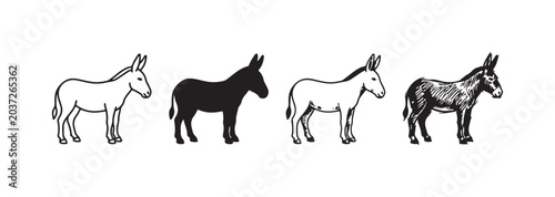 Foto Four black and white donkey illustrations in different styles, including outline, silhouette, and hand-drawn sketches, arranged horizontally on a white background