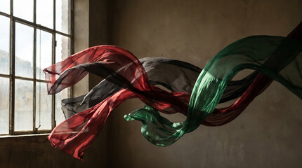 Vibrant fabrics in red, black, and green gracefully flow through an old sunlit window, symbolizing the enduring spirit of freedom and the joy of Juneteenth celebrations