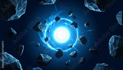 Glowing blue light surrounded by asteroids.