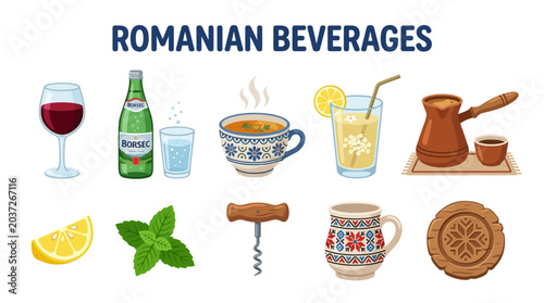 Tableau sur toile Collection of Traditional Romanian Beverages and Related Items.