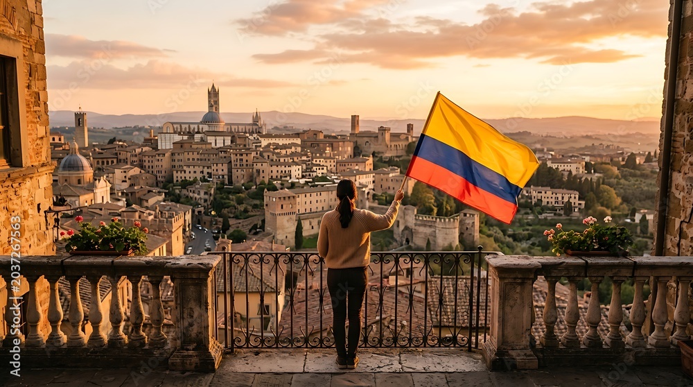 Naklejka premium Woman holding Colombia flag over historic European city at sunset
