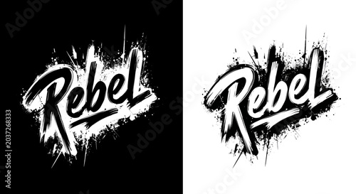 Brush stroke rebel word art shown in calligraphy on split black and transparent background, concept of rebellion and bold attitude