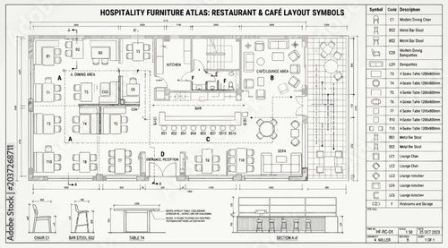 Принти на полотні Hospitality furniture atlas restaurant and cafe layout symbols with floor plan