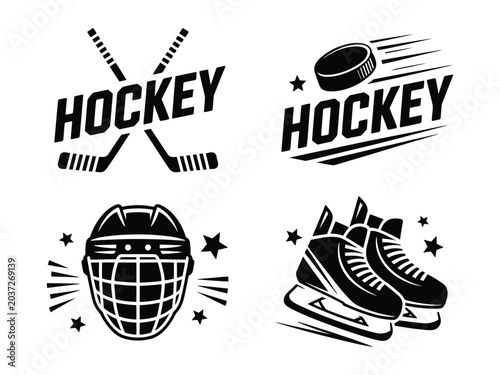 Ice hockey equipment icons set with skates helmet puck and sticks on white background