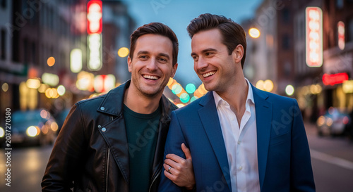 Two smiling men arm in arm on a city street at dusk, with blurred city lights in the background, symbolizing connection and urban lifestyle