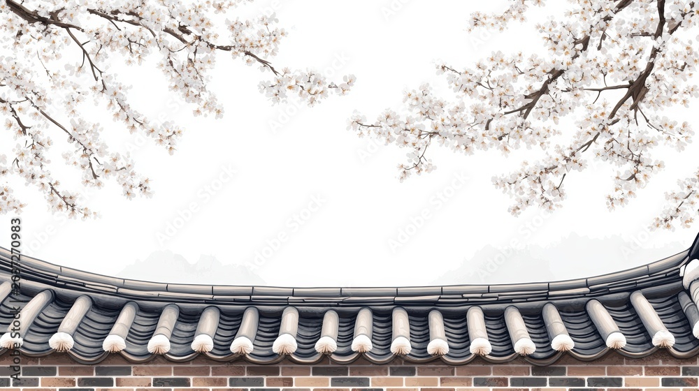 Obraz premium Korean traditional brick wall in seoul city road,south korea, sakura or Beotkkot flower in Korean language, Korean hanok roofline,spring season concept.