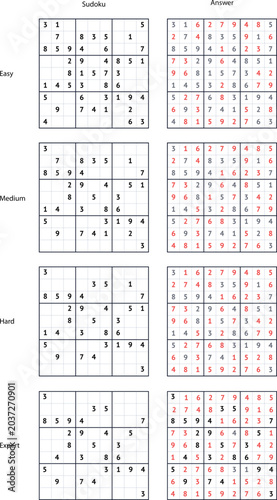 Sudoku difficulty levels and corresponding solutions overview. Level Easy, Medium, Hard, Expert  