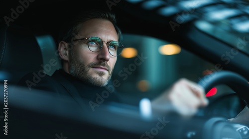 Man driving a car in the city at night