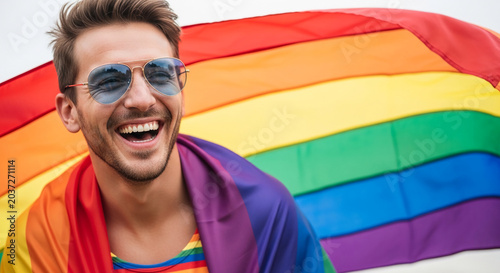 A smiling man with sunglasses wears a rainbow flag draped around him, symbolizing pride, celebration, and LGBTQ+ community support
