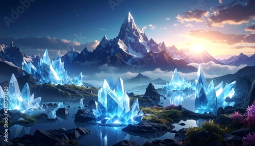 Glowing blue crystals in mountain landscape.