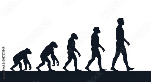 A visual timeline of human evolution showing the progression from ape-like ancestors to modern humans walking upright