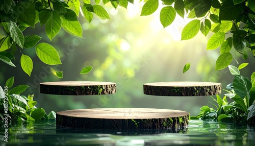 Serene forest scene with wooden platforms.