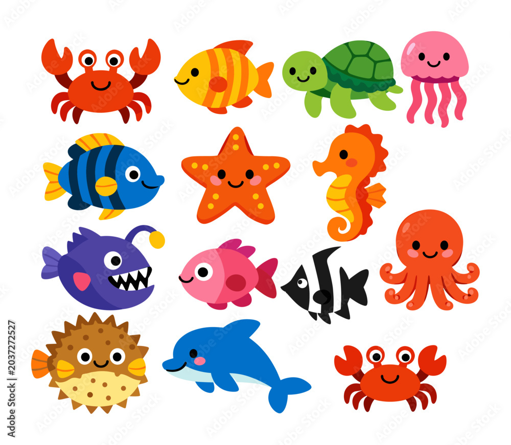 Fototapeta premium Adorable cartoon sea animals featuring crabs, fish, dolphin, turtle, seahorse, jellyfish, octopus, starfish, anglerfish, pufferfish