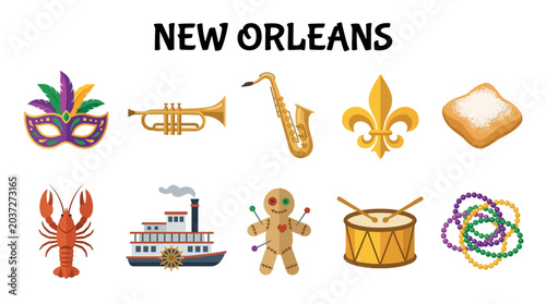 Fotografía New Orleans Icons Collection: Mardi Gras Mask Trumpet Saxophone Fleur de Lis Beignet Crawfish Steamboat Voodoo Doll Drum Beads