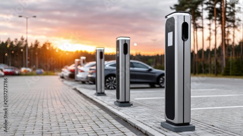 Electric vehicle charging station with cars parked at sunset, modern technology infrastructure