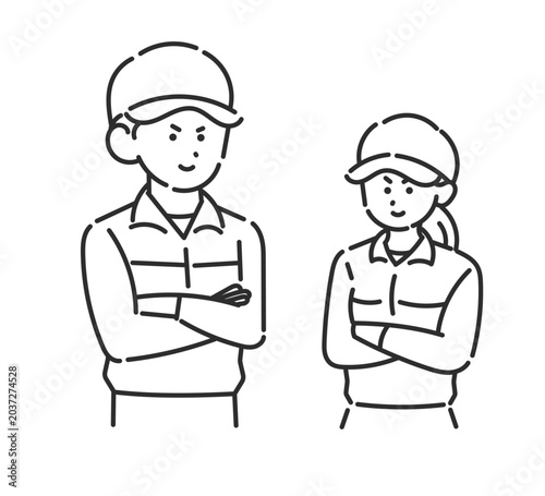 腕組みをする消防士の男女のイラスト　線画のみ