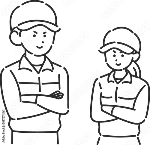 腕組みをする消防士の男女のイラスト　線画のみ