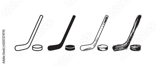 Photography Assortment of Four Ice Hockey Stick and Puck Icons in Various Graphic Styles