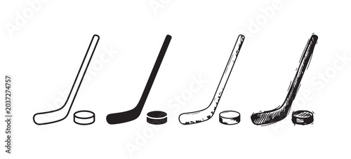 Photography Collection of Four Ice Hockey Stick and Puck Icons in Diverse Styles