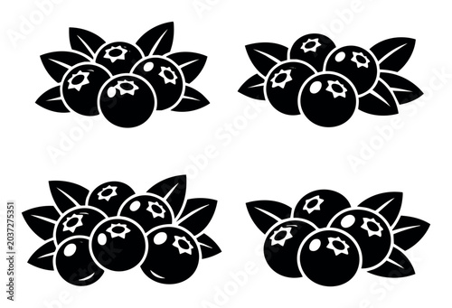 Blueberry icons set featuring ripe berries with green leaves, presenting a sweet fruit concept in a minimalist silhouette vector style