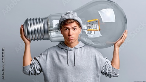 Surprised young man in a beanie holding a giant glass light bulb on his shoulders, innovation and creative breakthrough concept