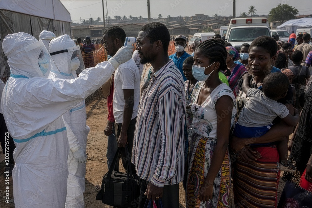Fototapeta premium Ebola's somber footprint a health team meticulously screens a resilient African populace
