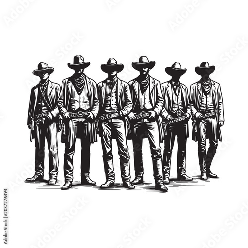 Six cowboys standing in a row isolated on white background