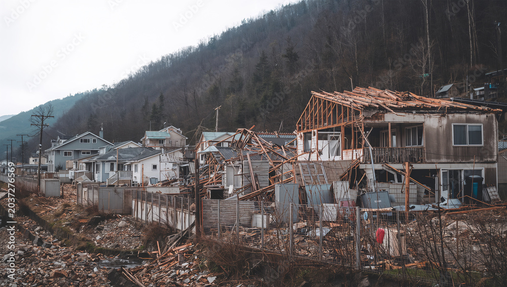Fototapeta premium 山裾の住宅地で津波後の壊れた家屋と瓦礫が広がる風景