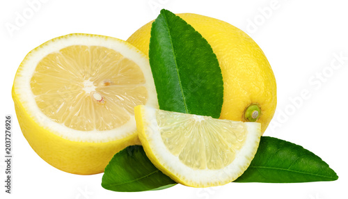 Foto Whole yellow lemon fruit with a half cut and a juicy slice, isolated